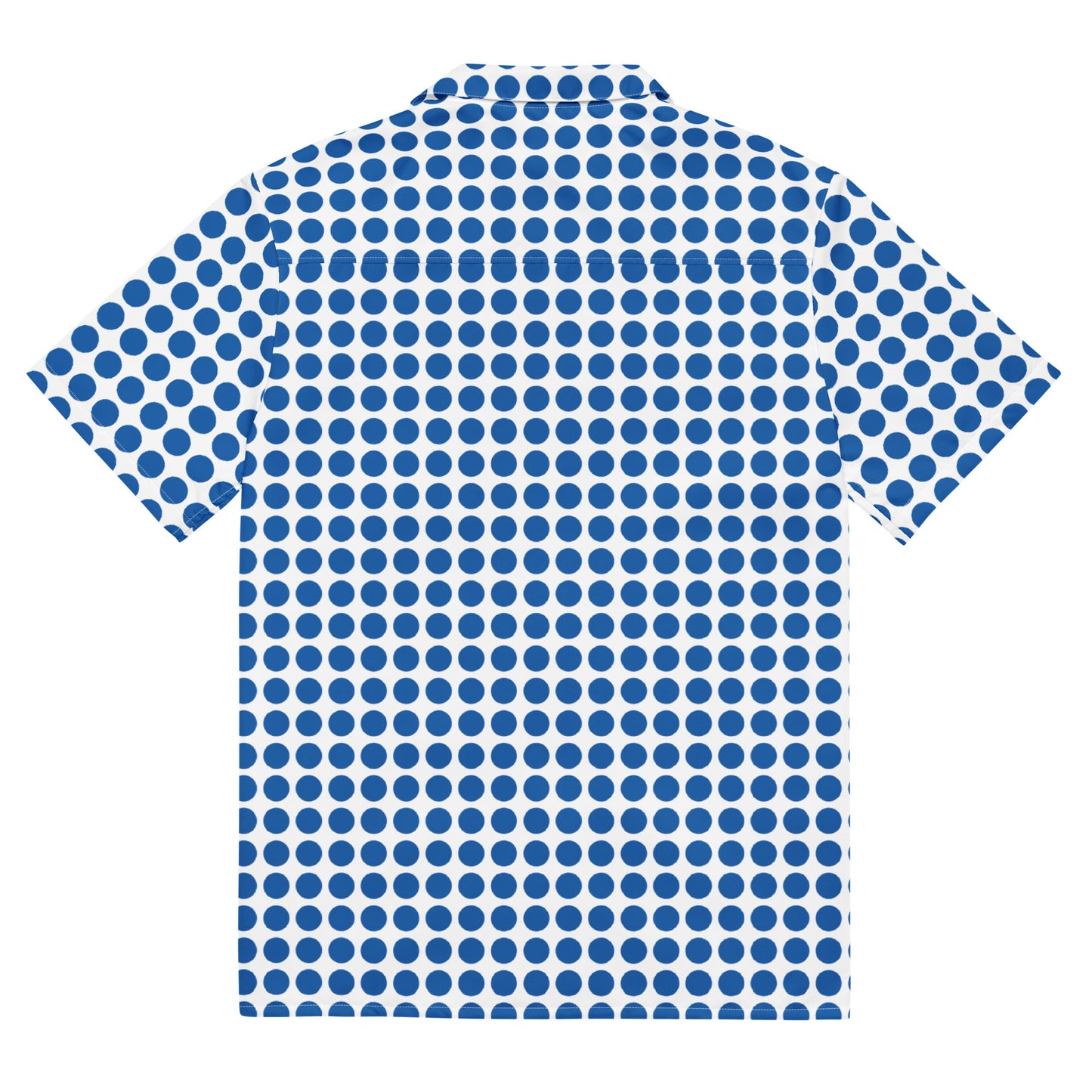 Back view of a blue polka dot button shirt featuring large circular patterns on a white background