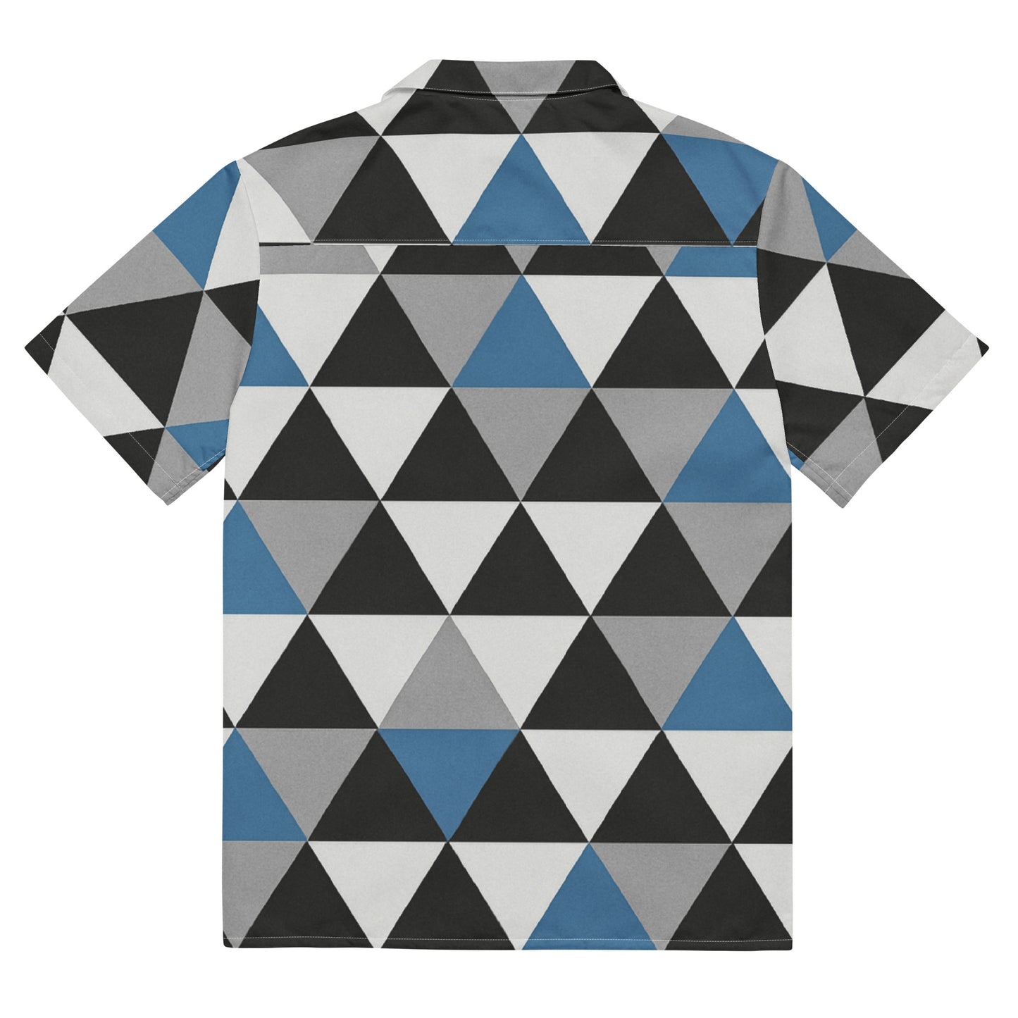 Juanky ARTS geometric button up shirt featuring a stylish black, white, and blue triangle pattern