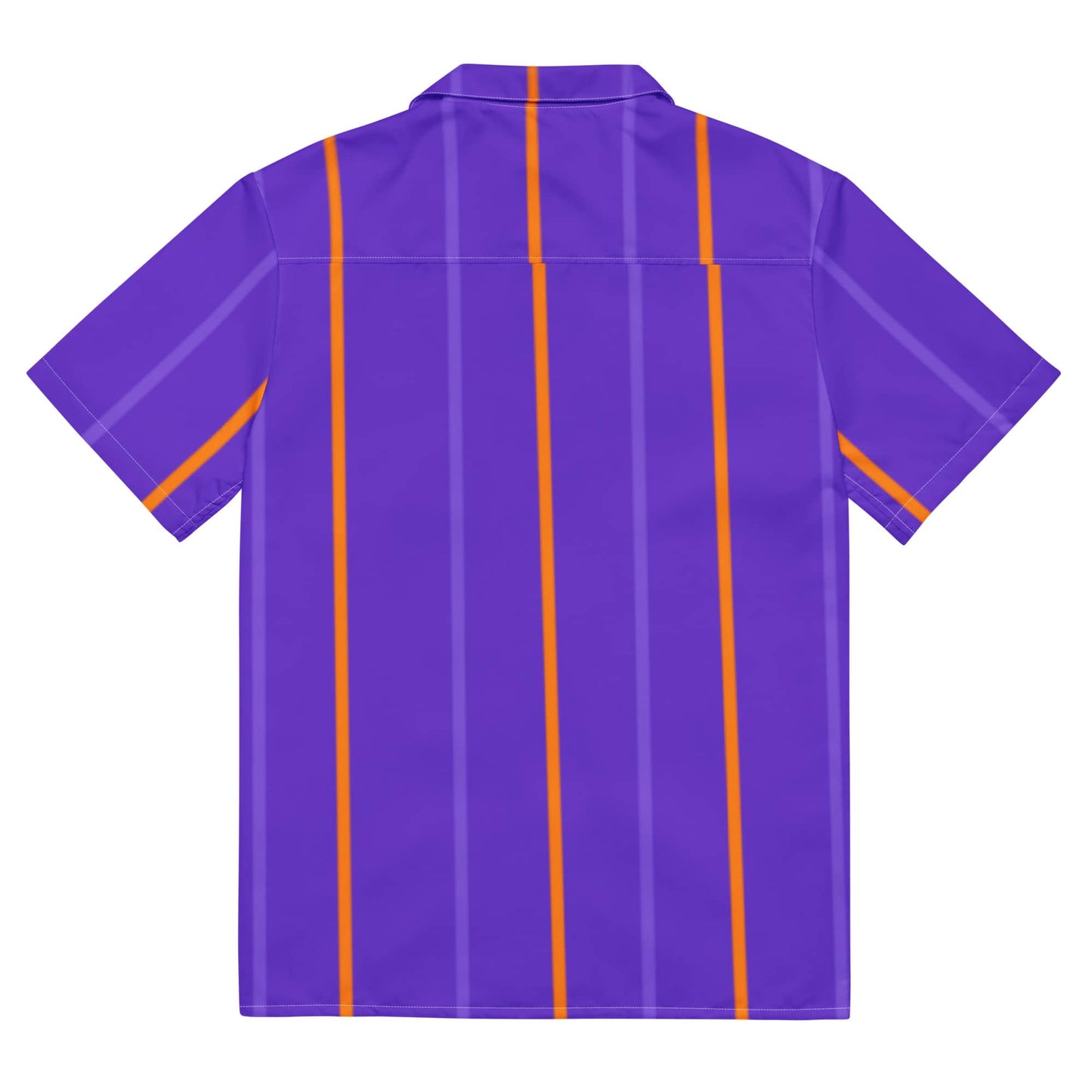 Back view of a purple and orange striped shirt from Juanky ARTS featuring bold color lines