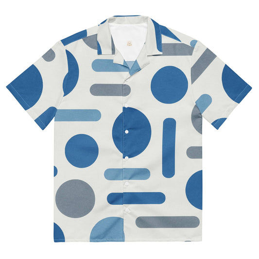 Juanky ARTS geometric abstract button shirt in blue and gray with bold shapes and patterns