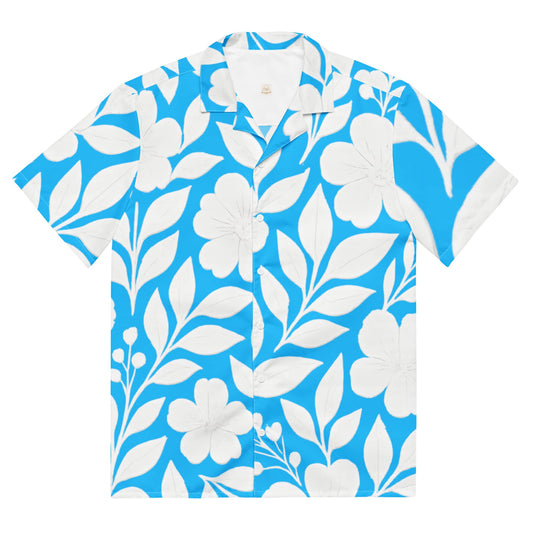 Juanky ARTS light blue floral button shirt featuring a vibrant floral pattern with white leaves