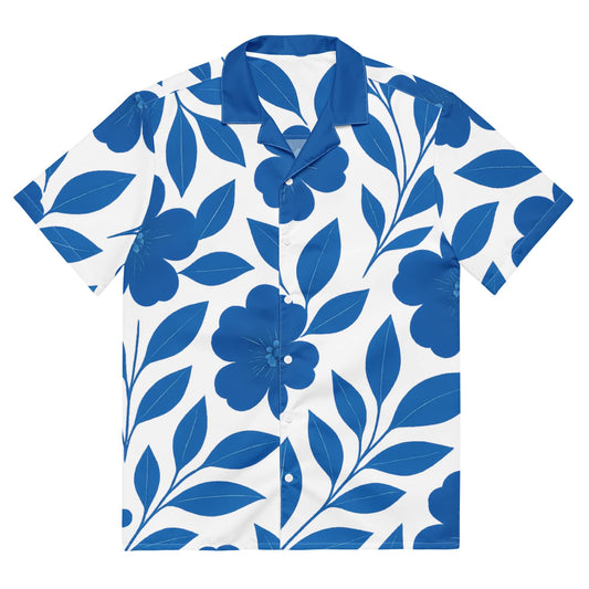 Juanky ARTS Unisex Floral Button Shirt in Blue and White with Bold Leaf and Flower Design